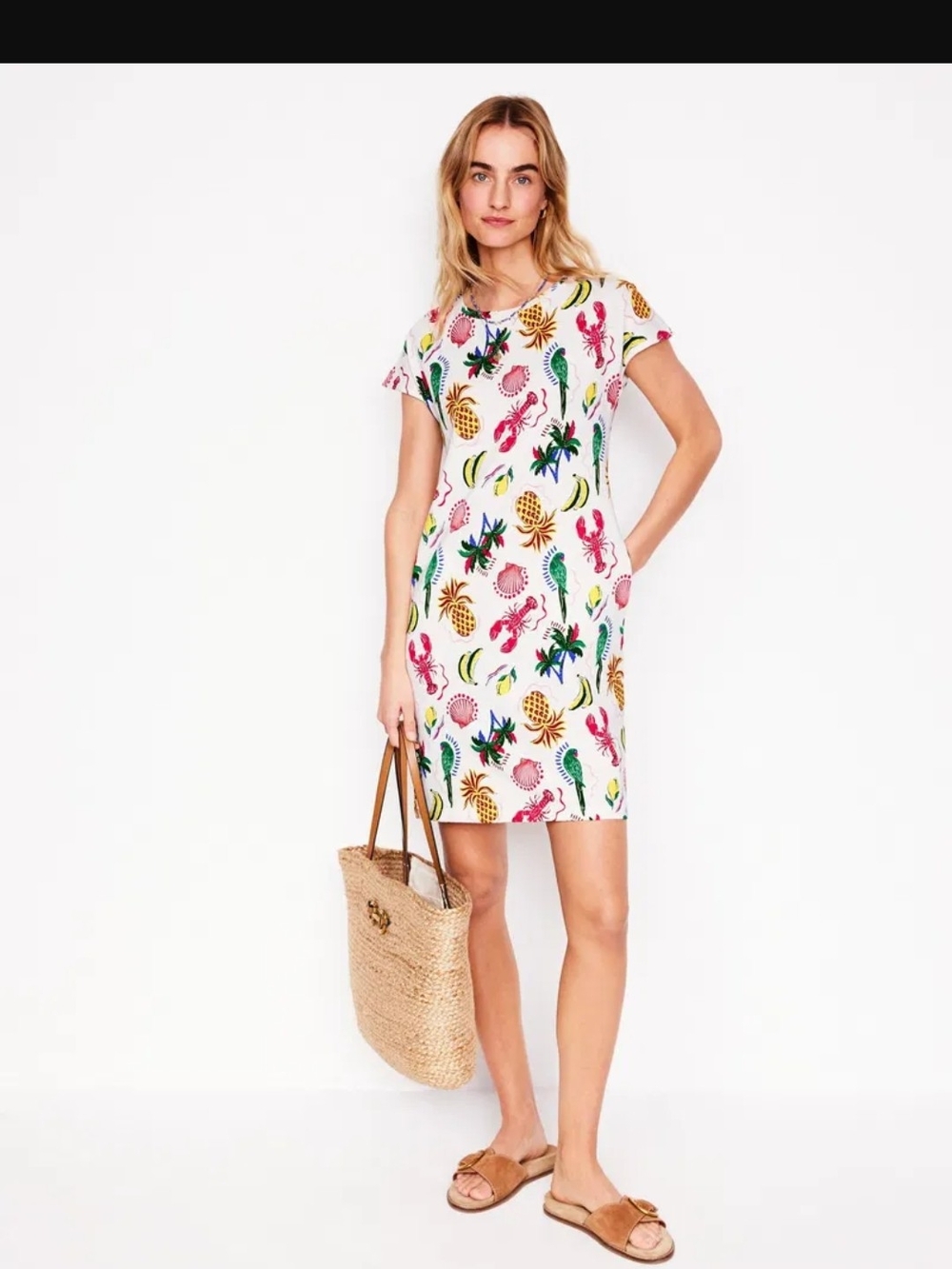 Boden White Short Sleeve Dress with Multicolor Tropical Print
